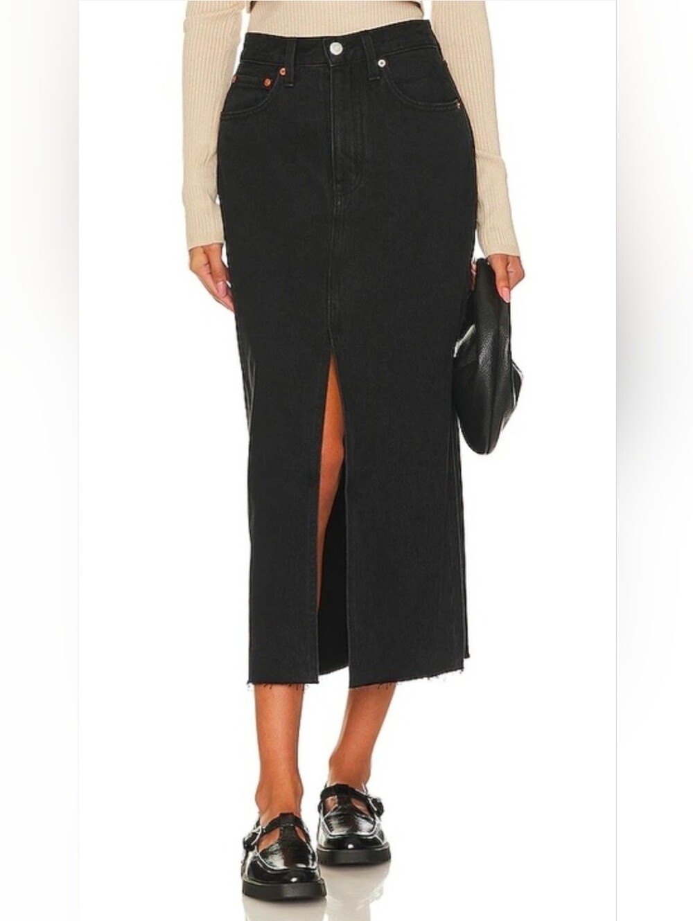 Anthropologie Pistola Black High Rise Alice Underground Denim Midi Skirt 26 NEW
